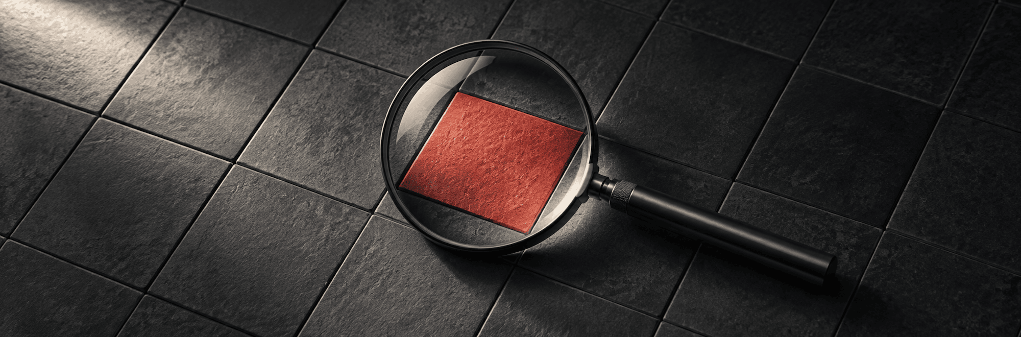 A magnifying glass brings a red tile into focus among charcoal tiles.